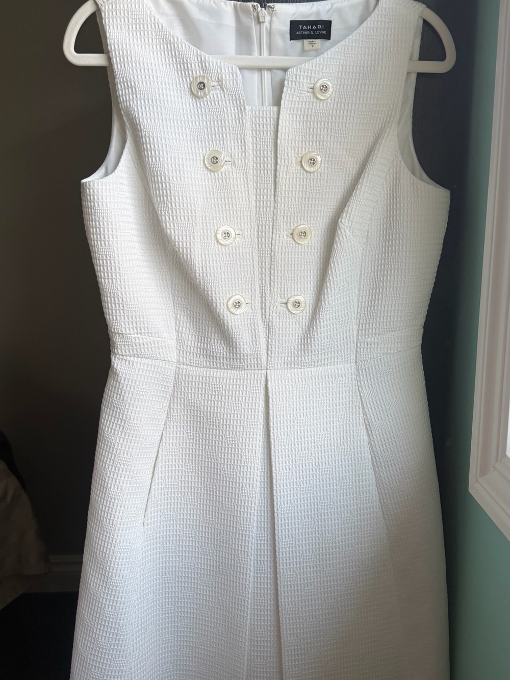 Tahari White Sleeveless Textured Mini Dress with Double-Button Front